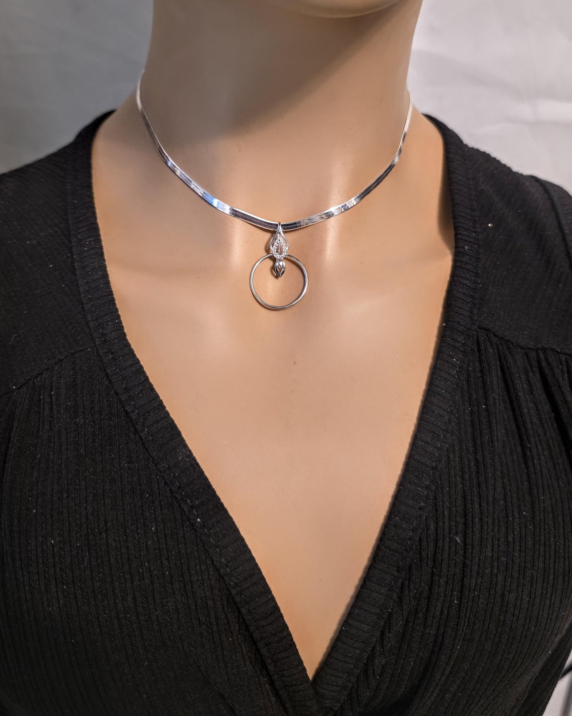 Rhodium Plated Sterling Silver Day Collar O Ring Necklace with Heart Charm, BDSM Romantic Partner Jewelry