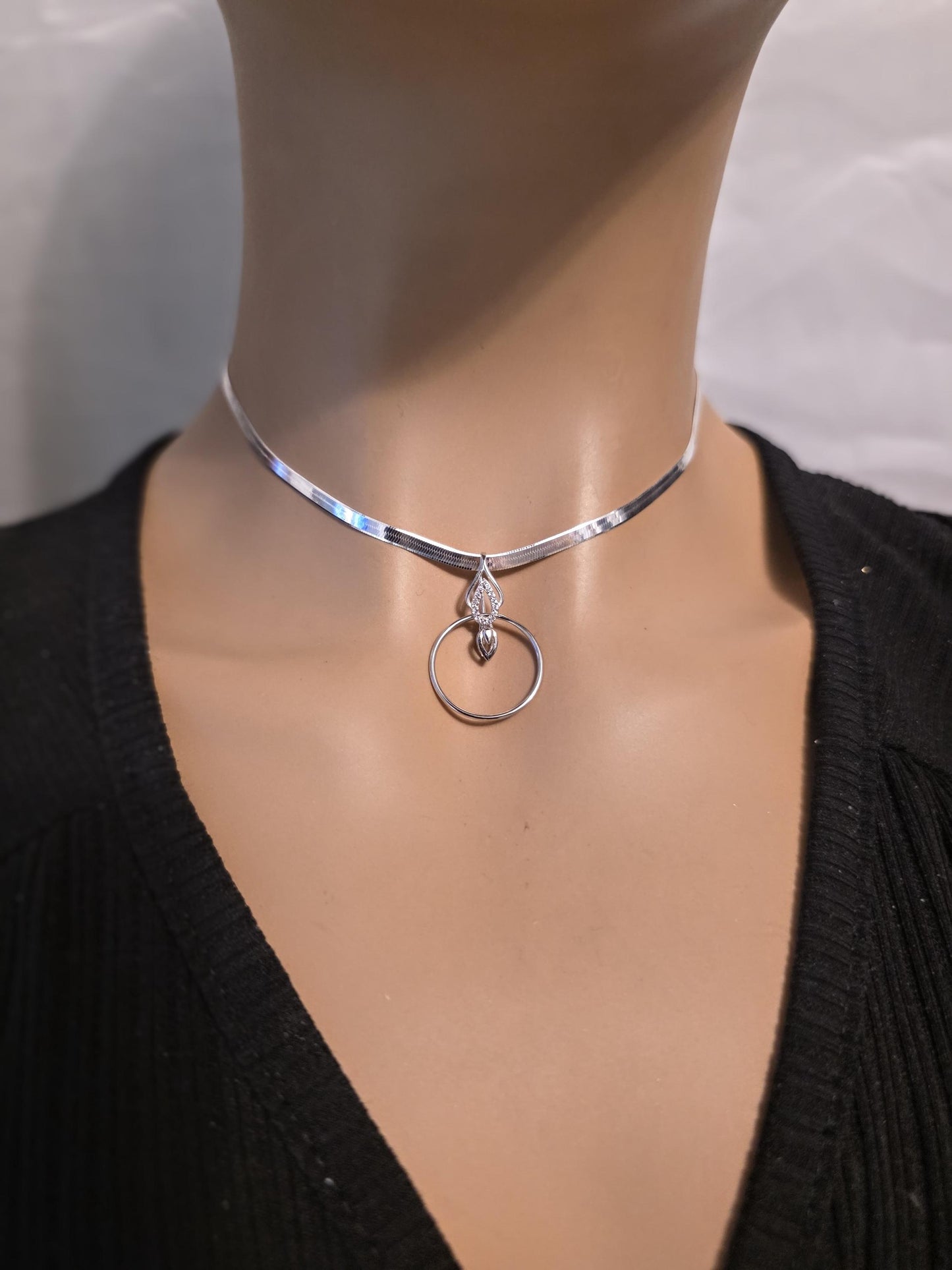 Rhodium Plated Sterling Silver Day Collar O Ring Necklace with Heart Charm, BDSM Romantic Partner Jewelry