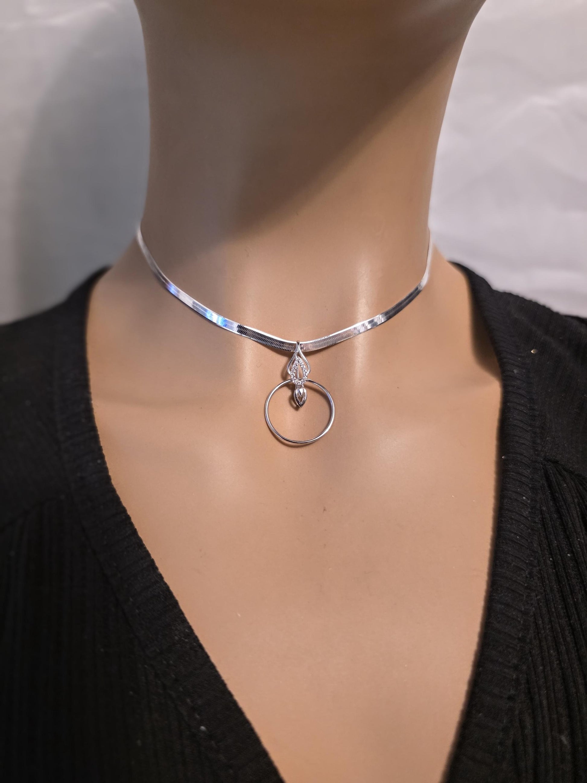 Rhodium Plated Sterling Silver Day Collar O Ring Necklace with Heart Charm, BDSM Romantic Partner Jewelry