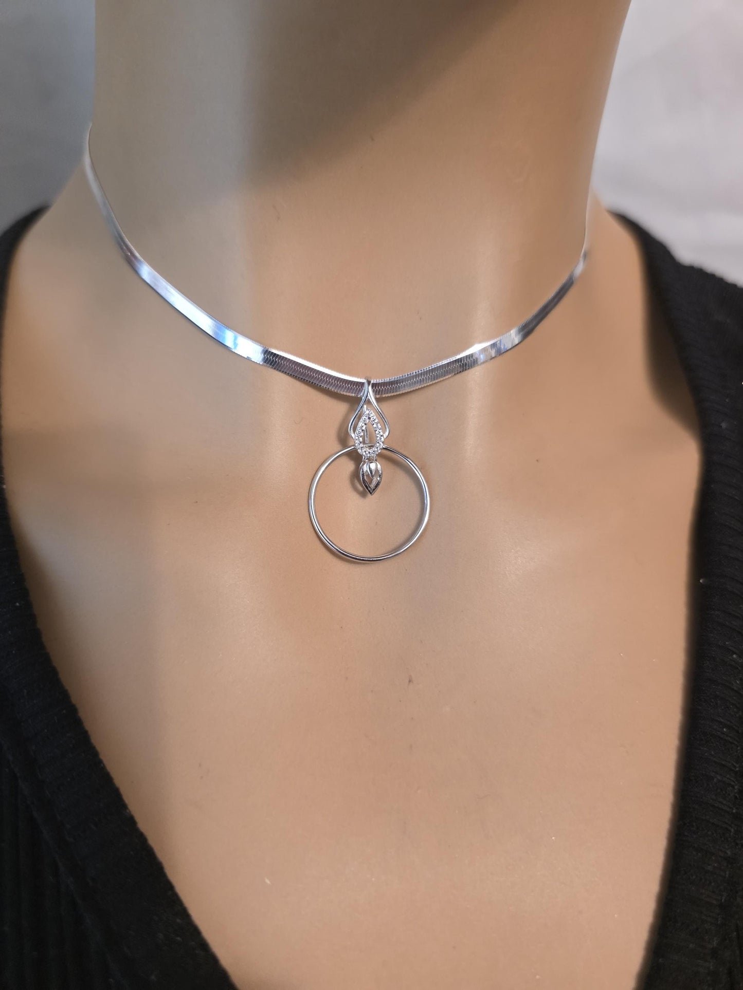 Rhodium Plated Sterling Silver Day Collar O Ring Necklace with Heart Charm, BDSM Romantic Partner Jewelry
