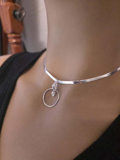 Rhodium Plated Sterling Silver Day Collar O Ring Necklace with Heart Charm, BDSM Romantic Partner Jewelry