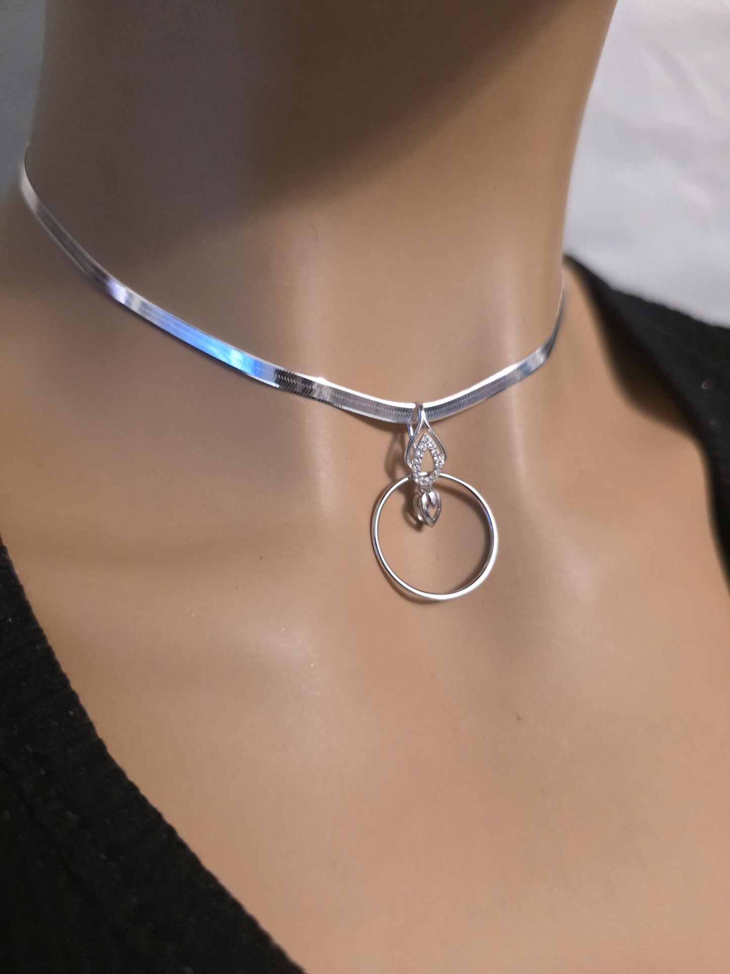 Rhodium Plated Sterling Silver Day Collar O Ring Necklace with Heart Charm, BDSM Romantic Partner Jewelry