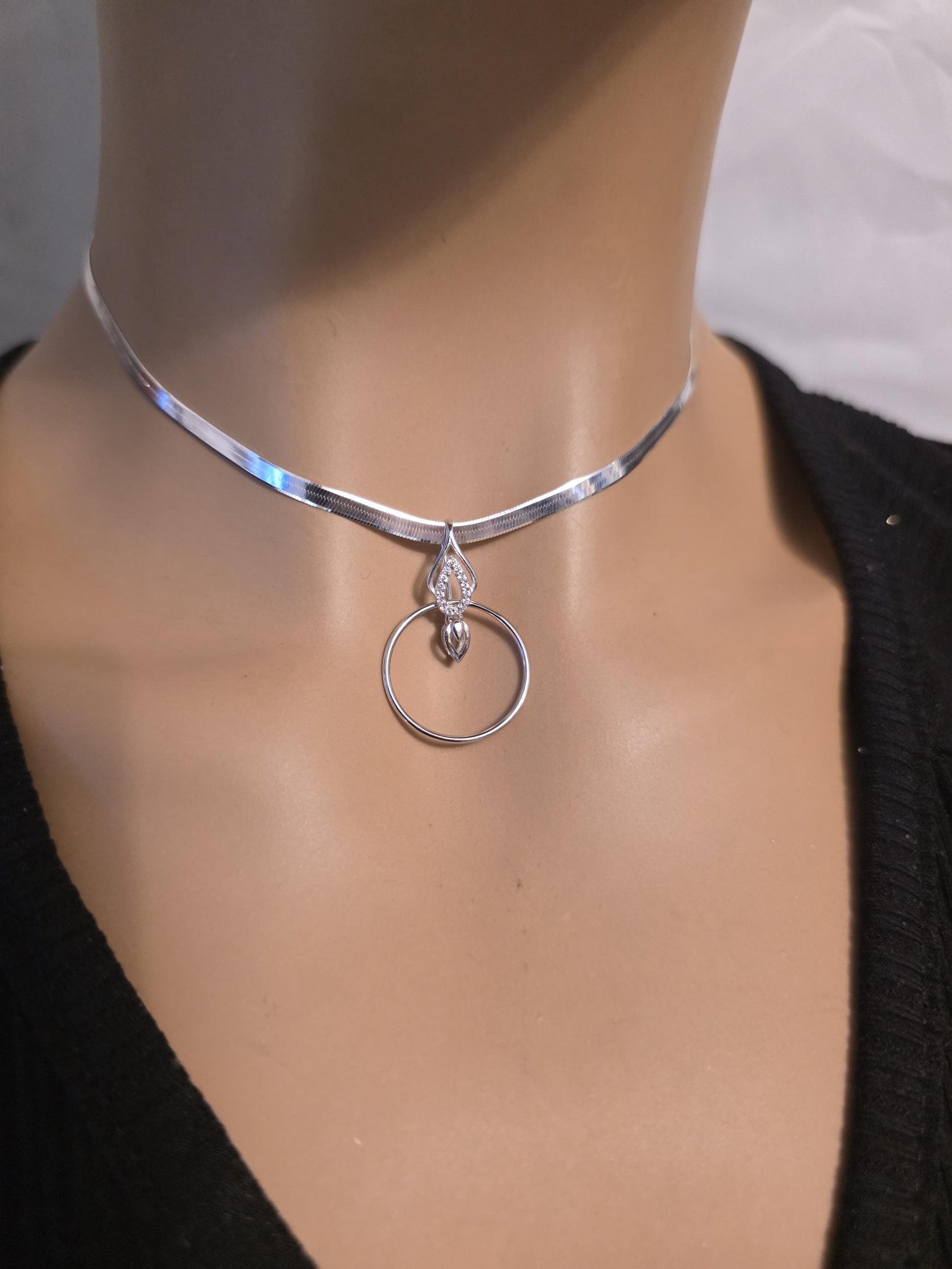 Rhodium Plated Sterling Silver Day Collar O Ring Necklace with Heart Charm, BDSM Romantic Partner Jewelry