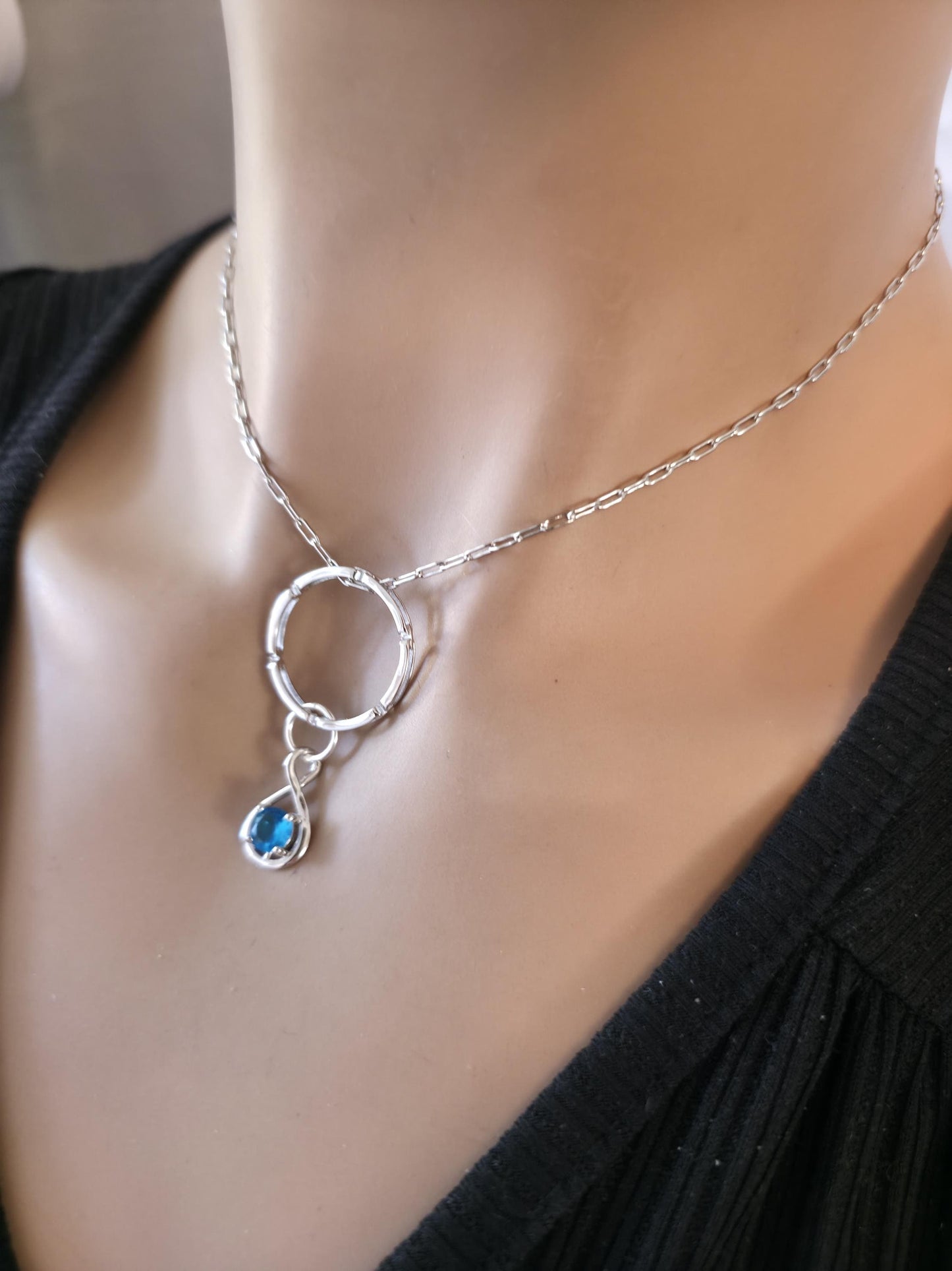 Sterling Silver Day Collar Necklace with Cubic Zirconia Charm, BDSM Romantic Partner Jewelry