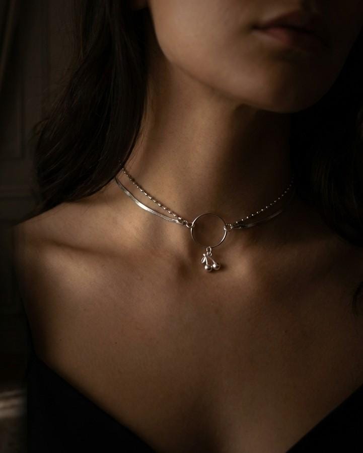 Rhodium Plated Sterling Silver Day Collar O Ring Necklace with Cherries Charm, BDSM Romantic Partner Jewelry