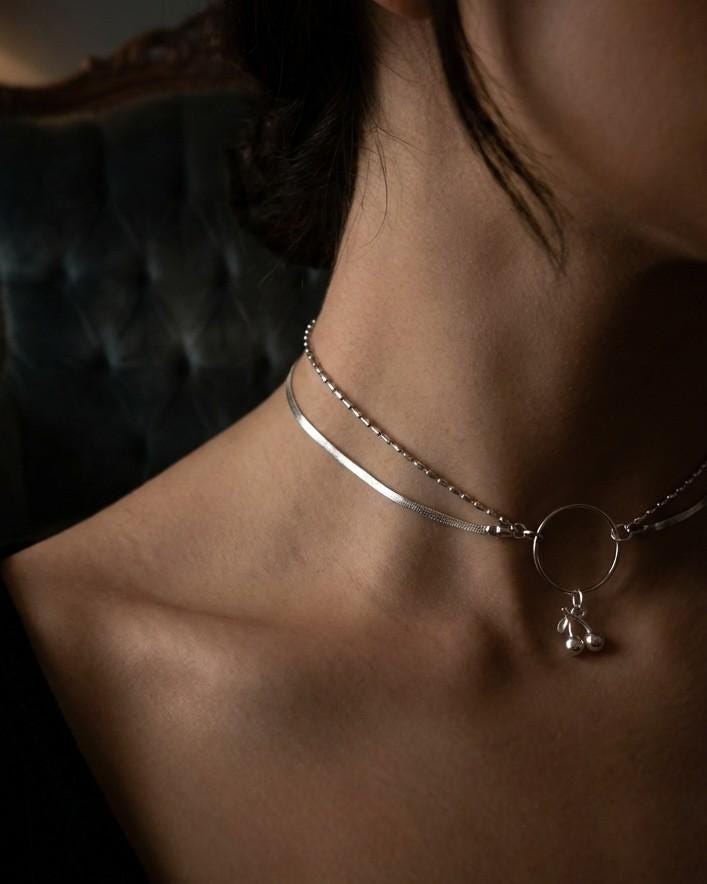 Rhodium Plated Sterling Silver Day Collar O Ring Necklace with Cherries Charm, BDSM Romantic Partner Jewelry