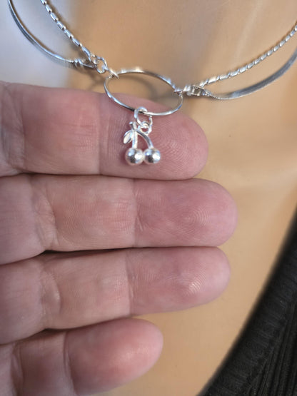 Rhodium Plated Sterling Silver Day Collar O Ring Necklace with Cherries Charm, BDSM Romantic Partner Jewelry