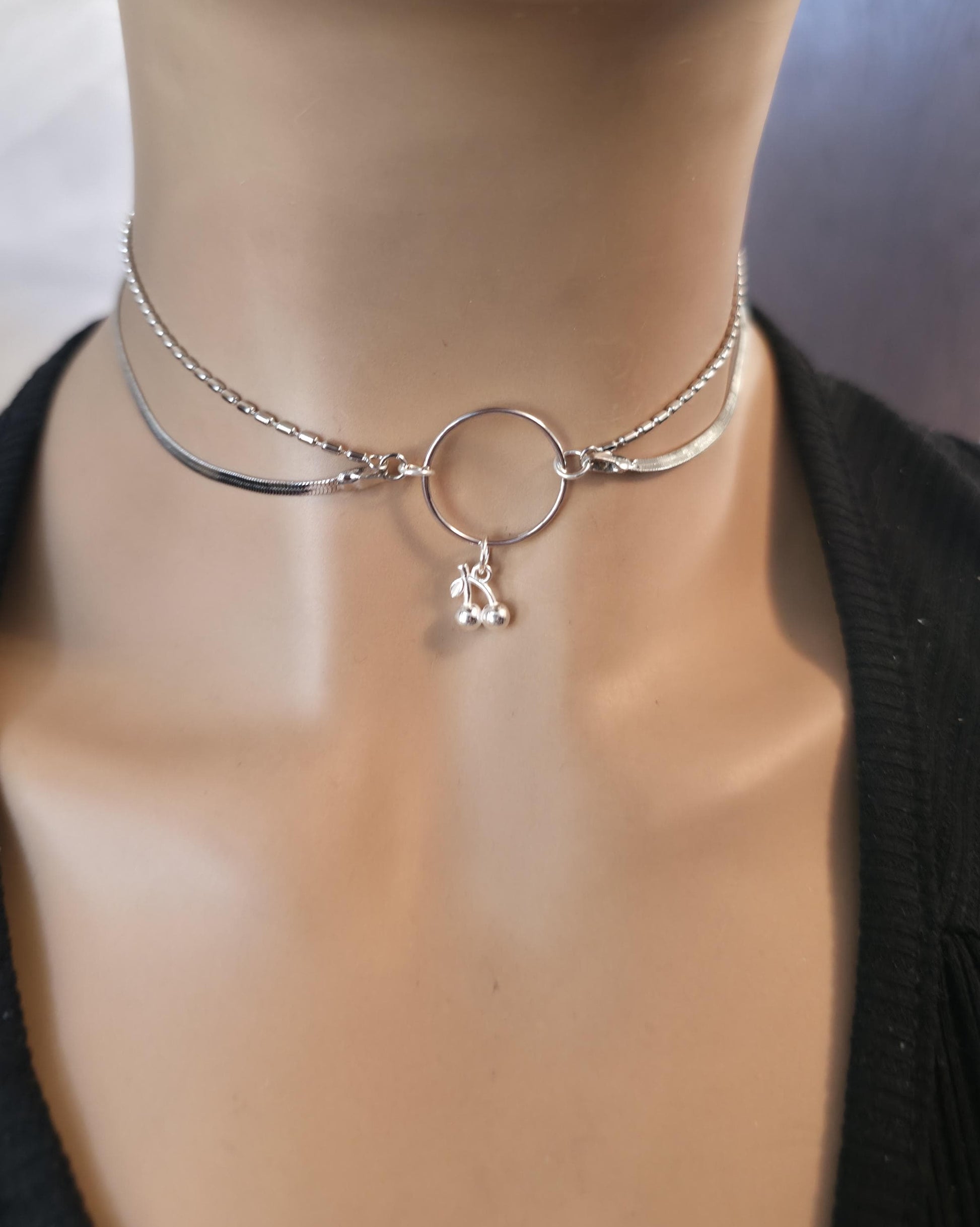 Rhodium Plated Sterling Silver Day Collar O Ring Necklace with Cherries Charm, BDSM Romantic Partner Jewelry