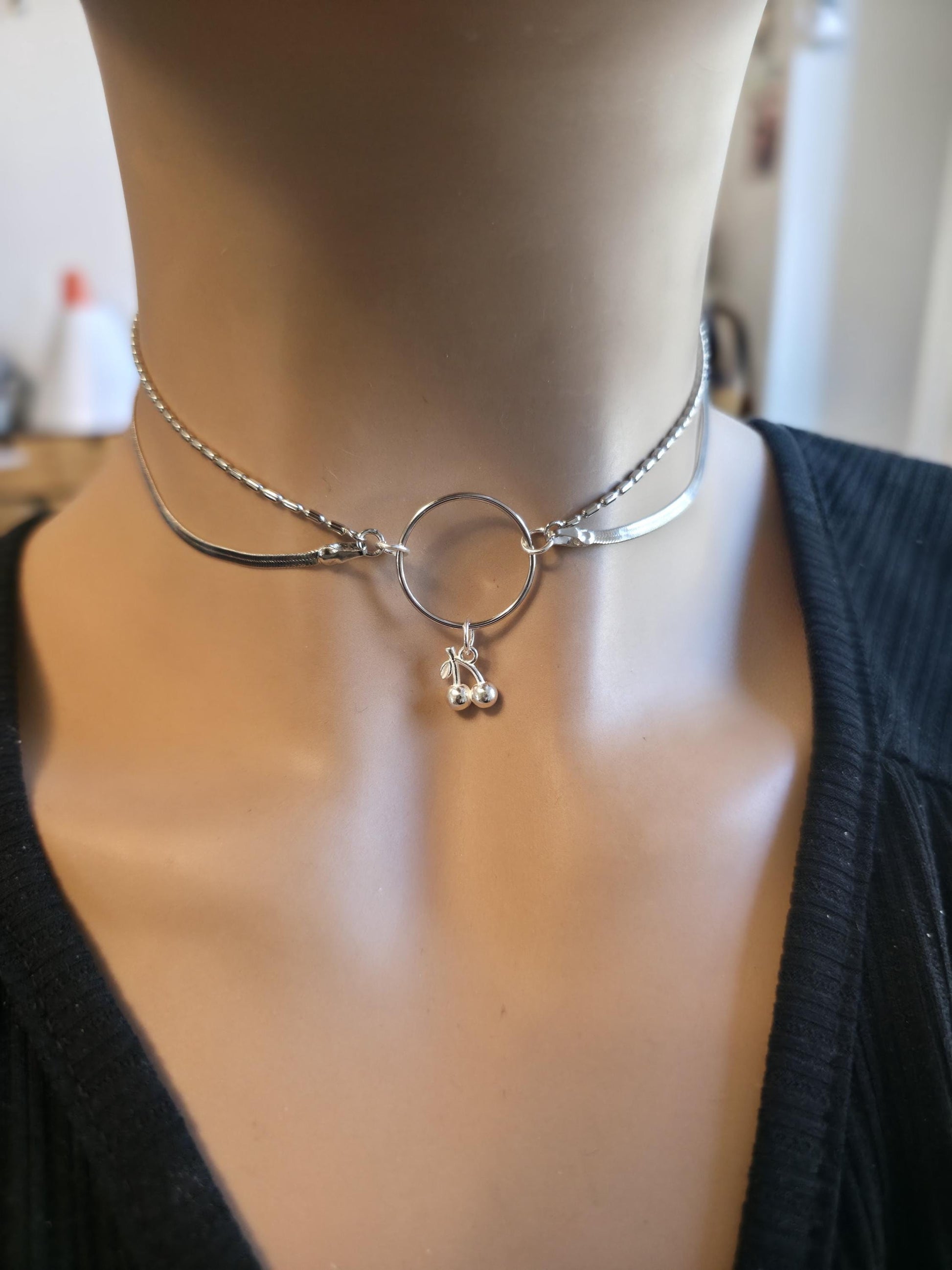 Rhodium Plated Sterling Silver Day Collar O Ring Necklace with Cherries Charm, BDSM Romantic Partner Jewelry