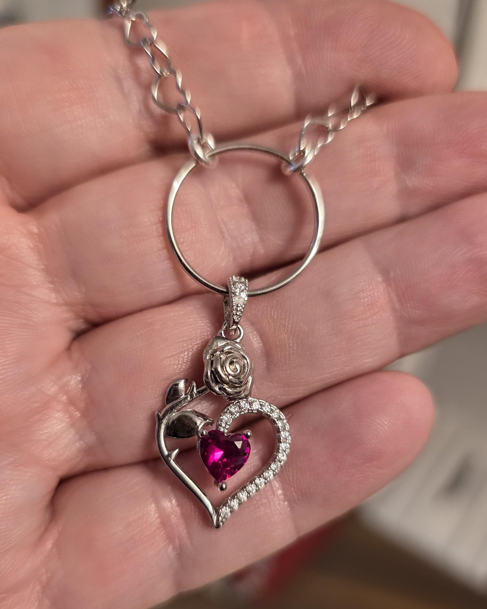 Rhodium Plated Sterling Silver Day Collar O Ring Necklace, Cubic Zirconia Heart Charm, Romantic Partner Jewelry