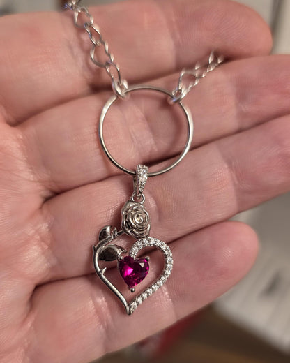 Rhodium Plated Sterling Silver Day Collar O Ring Necklace, Cubic Zirconia Heart Charm, Romantic Partner Jewelry