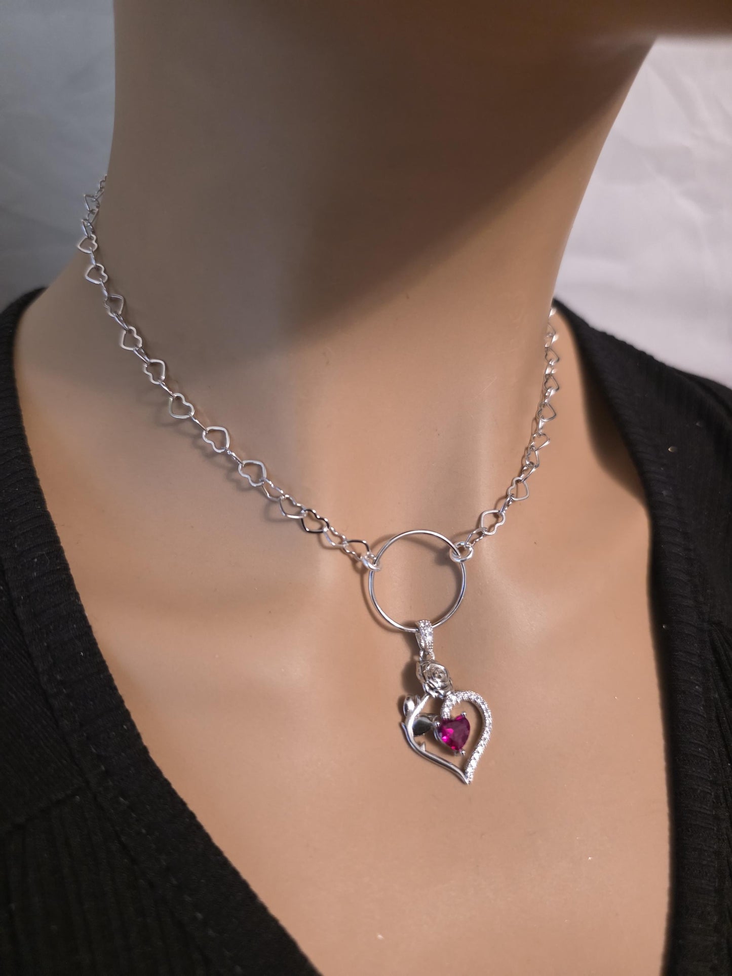 Rhodium Plated Sterling Silver Day Collar O Ring Necklace, Cubic Zirconia Heart Charm, Romantic Partner Jewelry