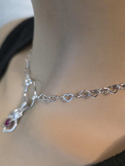 Rhodium Plated Sterling Silver Day Collar O Ring Necklace, Cubic Zirconia Heart Charm, Romantic Partner Jewelry