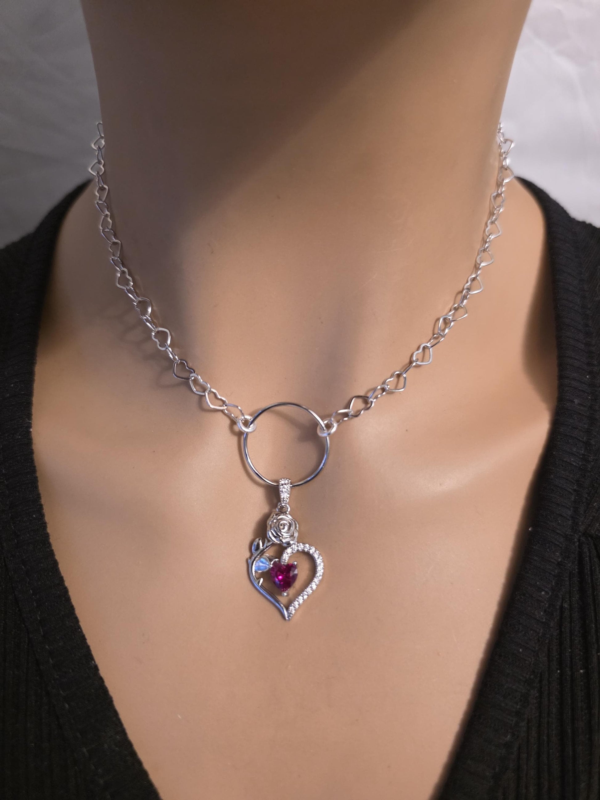 Rhodium Plated Sterling Silver Day Collar O Ring Necklace, Cubic Zirconia Heart Charm, Romantic Partner Jewelry
