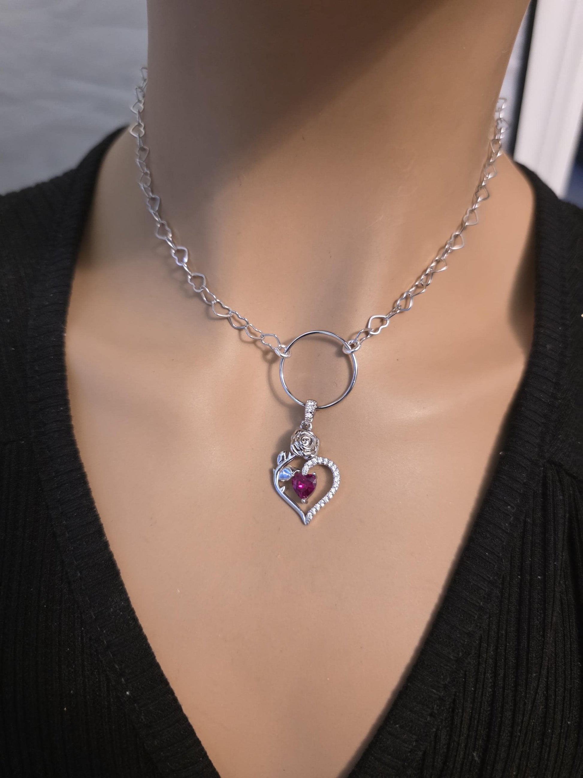 Rhodium Plated Sterling Silver Day Collar O Ring Necklace, Cubic Zirconia Heart Charm, Romantic Partner Jewelry