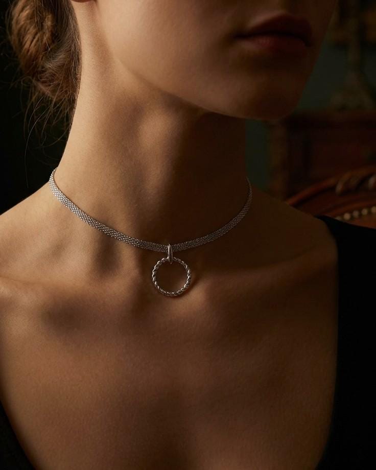 Rhodium Plated Sterling Silver Woven Chain Day Collar O Ring Necklace, BDSM Romantic Partner Fine Jewelry