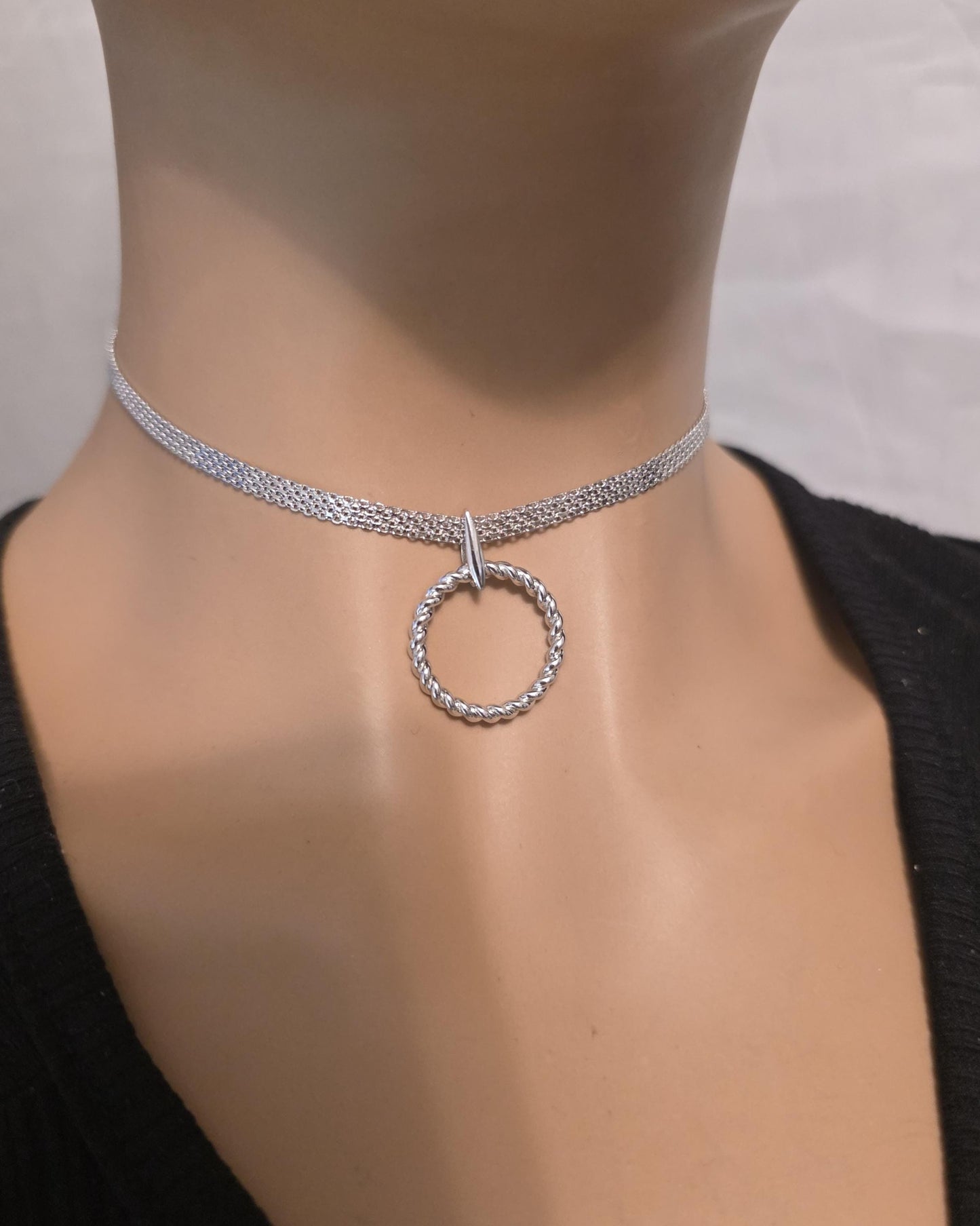 Rhodium Plated Sterling Silver Woven Chain Day Collar O Ring Necklace, BDSM Romantic Partner Fine Jewelry