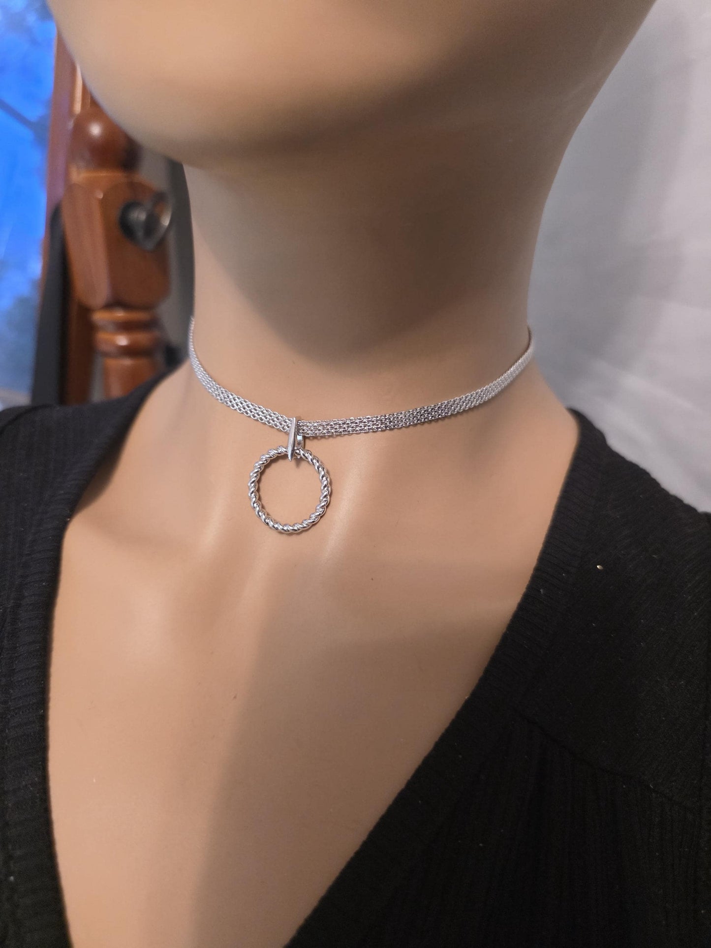 Rhodium Plated Sterling Silver Woven Chain Day Collar O Ring Necklace, BDSM Romantic Partner Fine Jewelry
