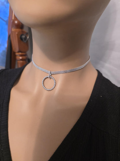 Rhodium Plated Sterling Silver Woven Chain Day Collar O Ring Necklace, BDSM Romantic Partner Fine Jewelry