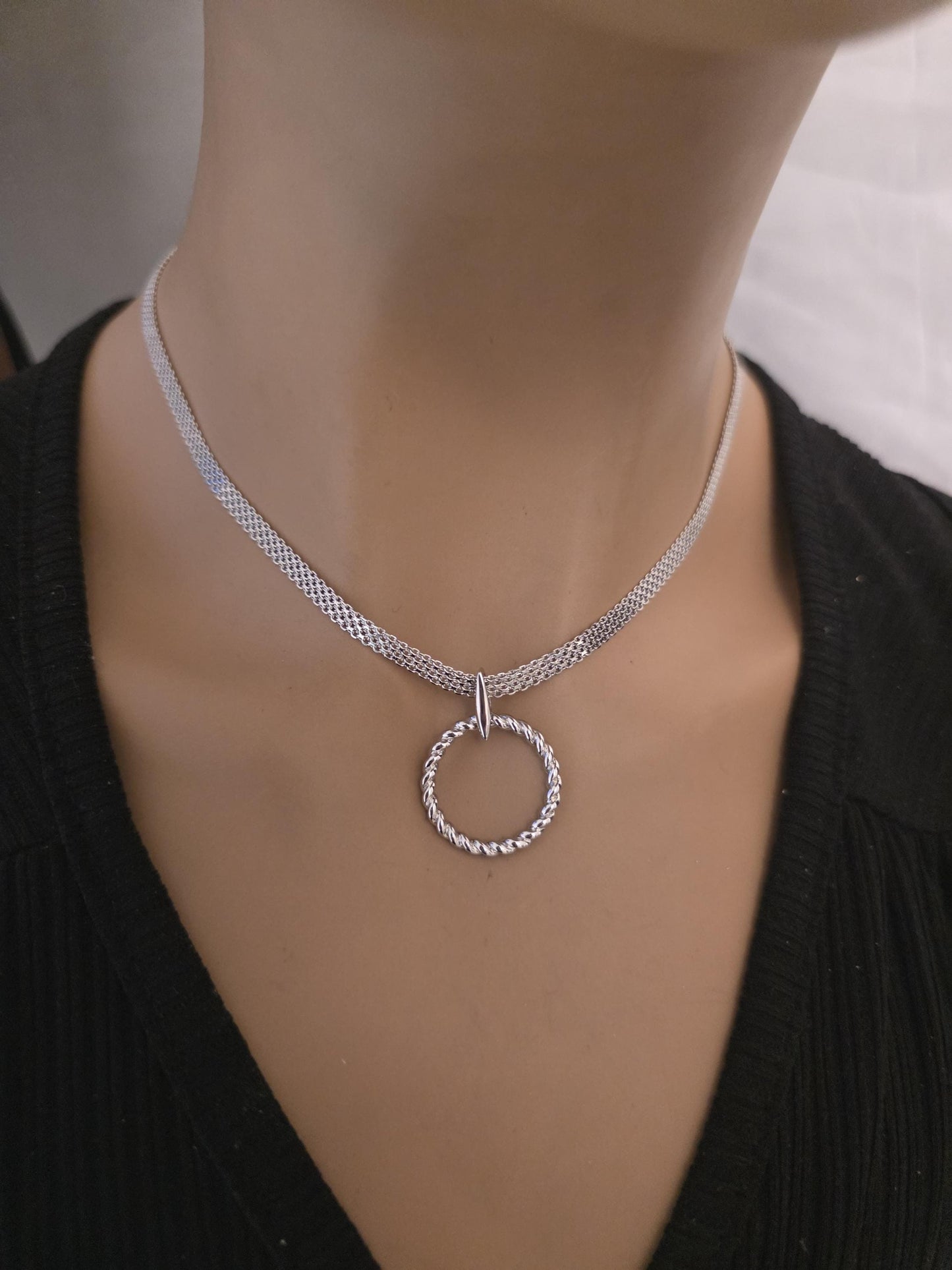 Rhodium Plated Sterling Silver Woven Chain Day Collar O Ring Necklace, BDSM Romantic Partner Fine Jewelry