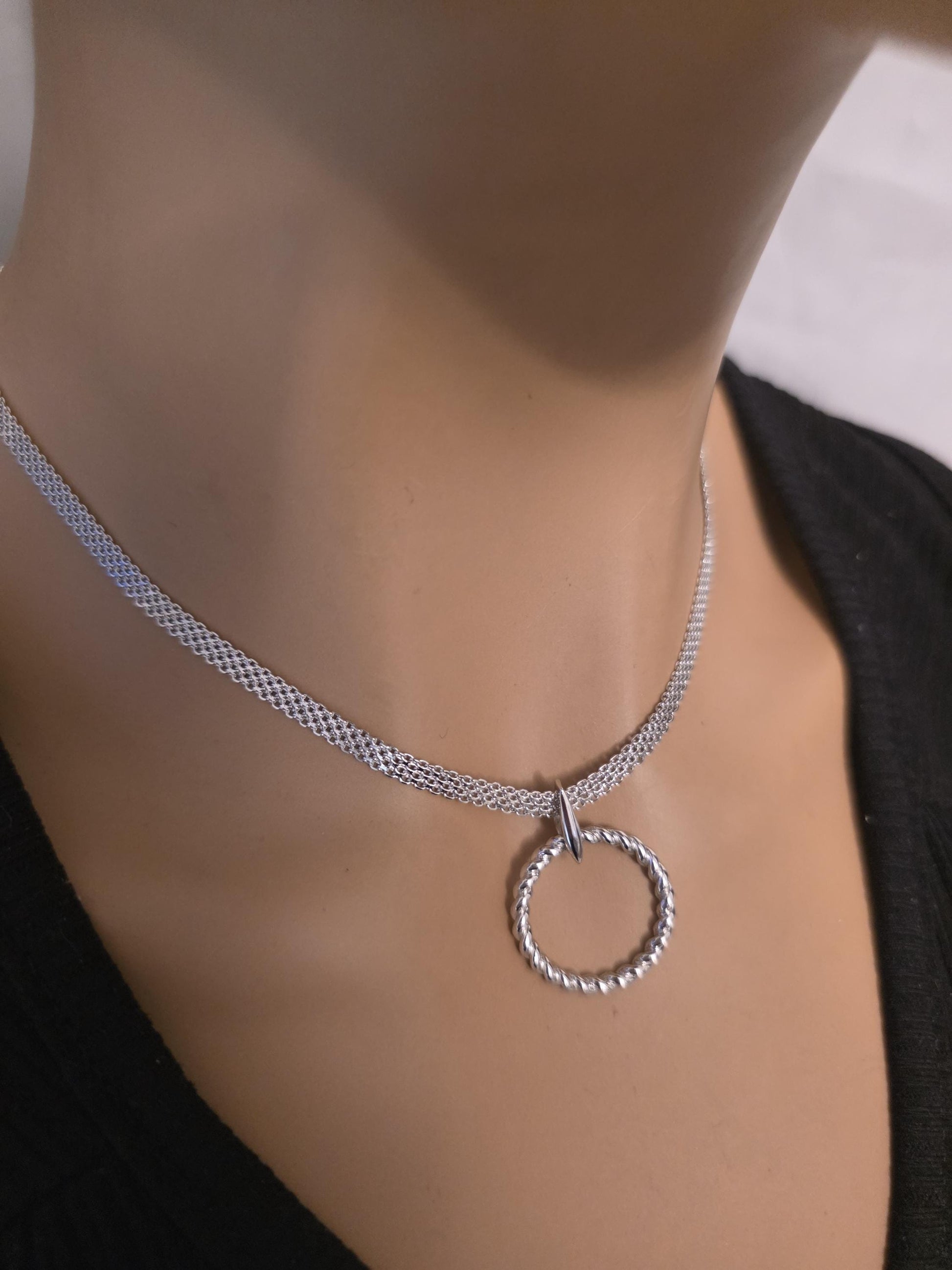 Rhodium Plated Sterling Silver Woven Chain Day Collar O Ring Necklace, BDSM Romantic Partner Fine Jewelry
