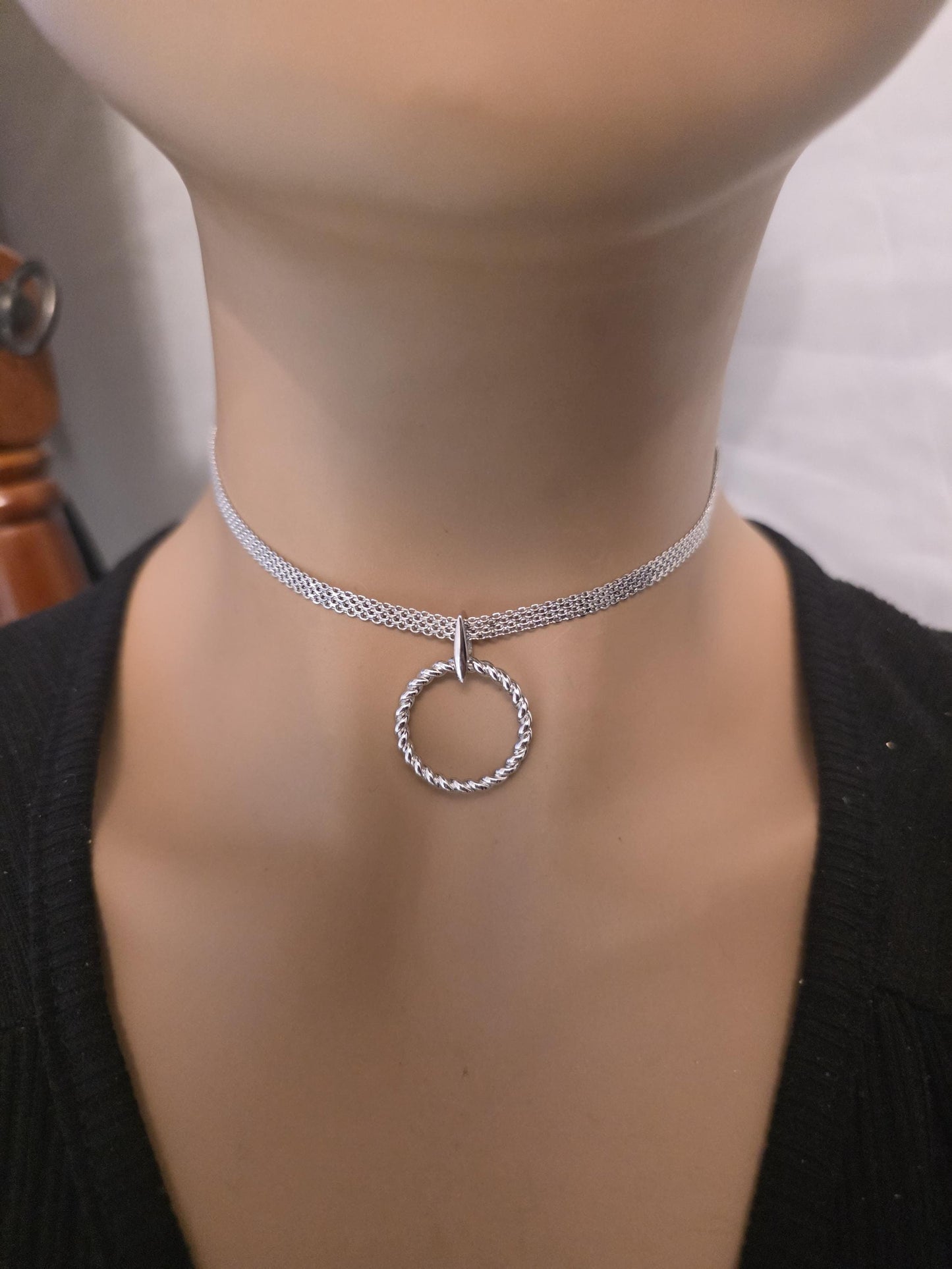Rhodium Plated Sterling Silver Woven Chain Day Collar O Ring Necklace, BDSM Romantic Partner Fine Jewelry