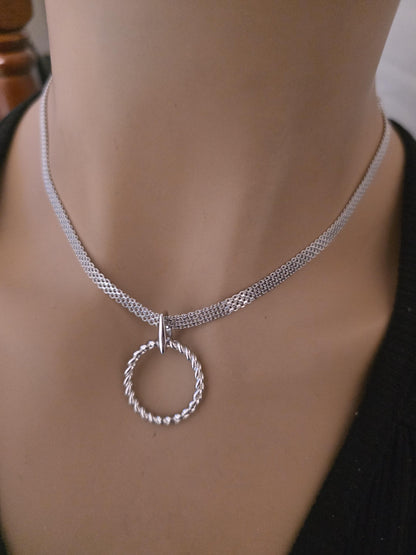 Rhodium Plated Sterling Silver Woven Chain Day Collar O Ring Necklace, BDSM Romantic Partner Fine Jewelry