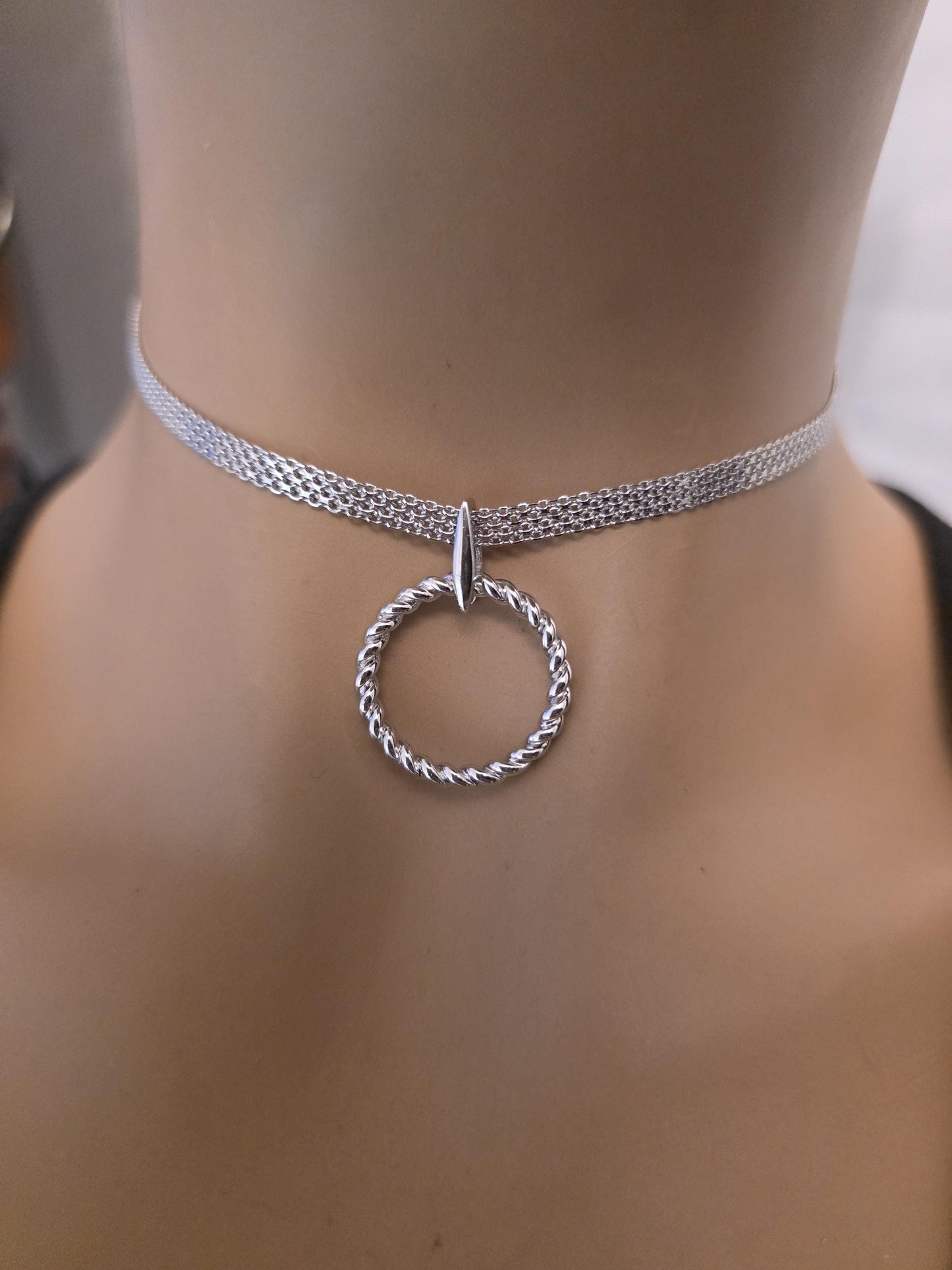 Rhodium Plated Sterling Silver Woven Chain Day Collar O Ring Necklace, BDSM Romantic Partner Fine Jewelry