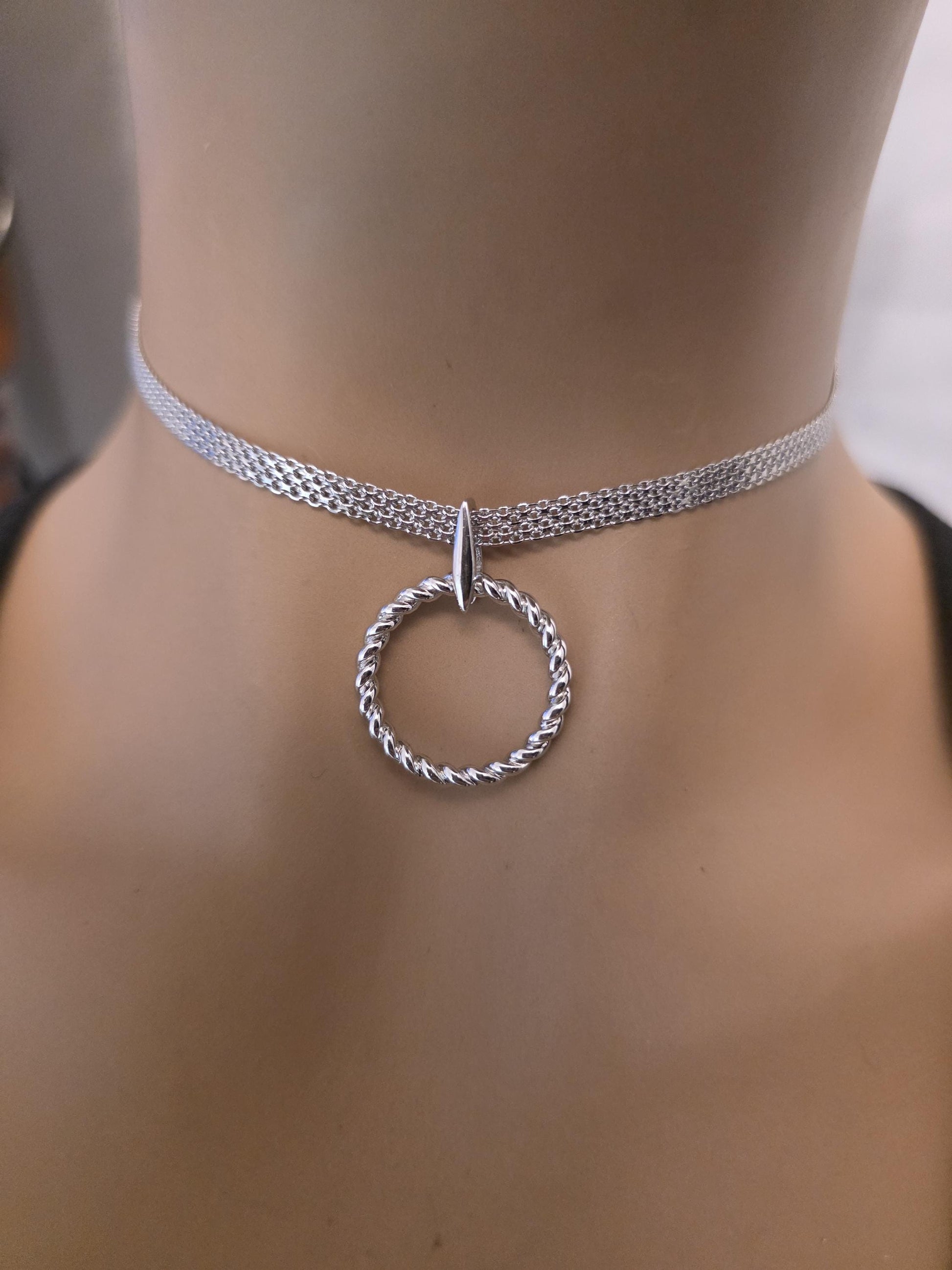 Rhodium Plated Sterling Silver Woven Chain Day Collar O Ring Necklace, BDSM Romantic Partner Fine Jewelry