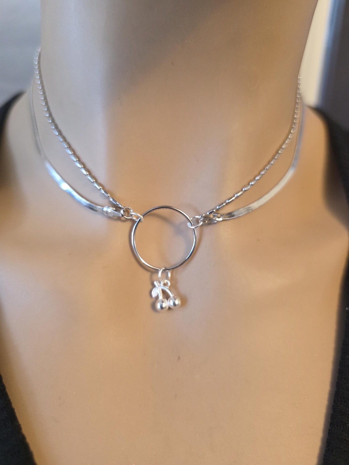 Rhodium Plated Sterling Silver Day Collar O Ring Necklace with Cherries Charm, BDSM Romantic Partner Jewelry