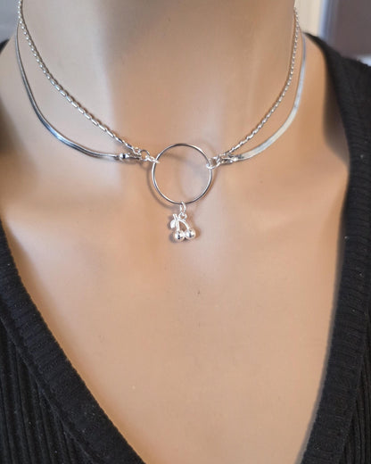 Rhodium Plated Sterling Silver Day Collar O Ring Necklace with Cherries Charm, BDSM Romantic Partner Jewelry