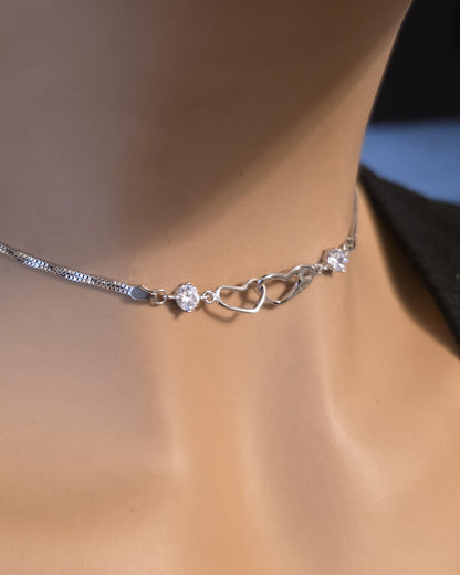 Rhodium Plated Sterling Silver Day Collar Interlocking Hearts Eternity Necklace, Romantic Partner Jewelry