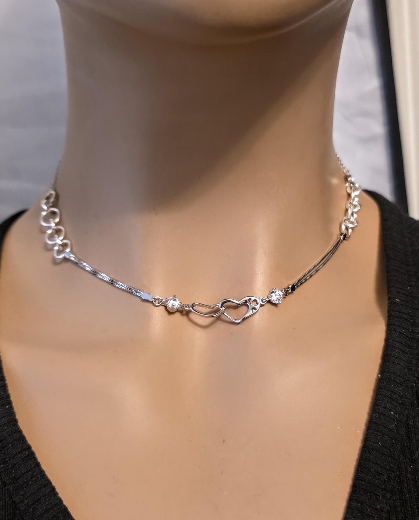 Rhodium Plated Sterling Silver Day Collar Interlocking Hearts Eternity Necklace, Romantic Partner Jewelry