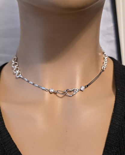 Rhodium Plated Sterling Silver Day Collar Interlocking Hearts Eternity Necklace, Romantic Partner Jewelry