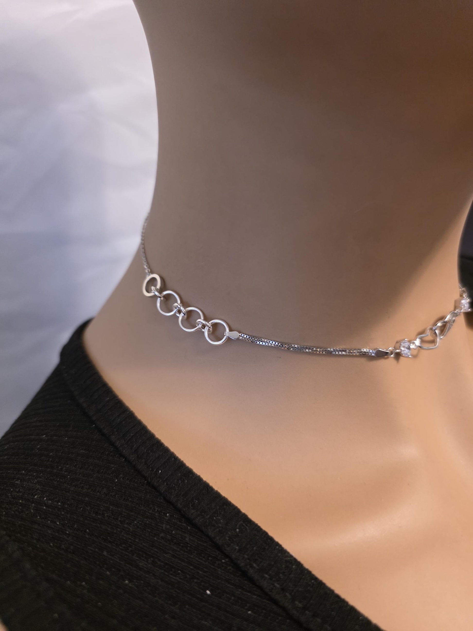 Rhodium Plated Sterling Silver Day Collar Interlocking Hearts Eternity Necklace, Romantic Partner Jewelry