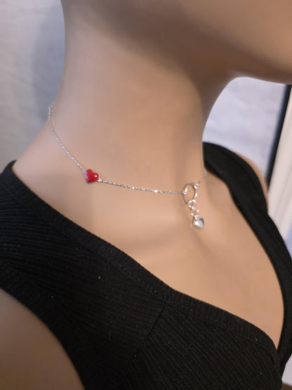 Sterling Silver Day Collar Necklace with Enamel Heart Accents & Heart Pendant, Romantic Partner Jewelry