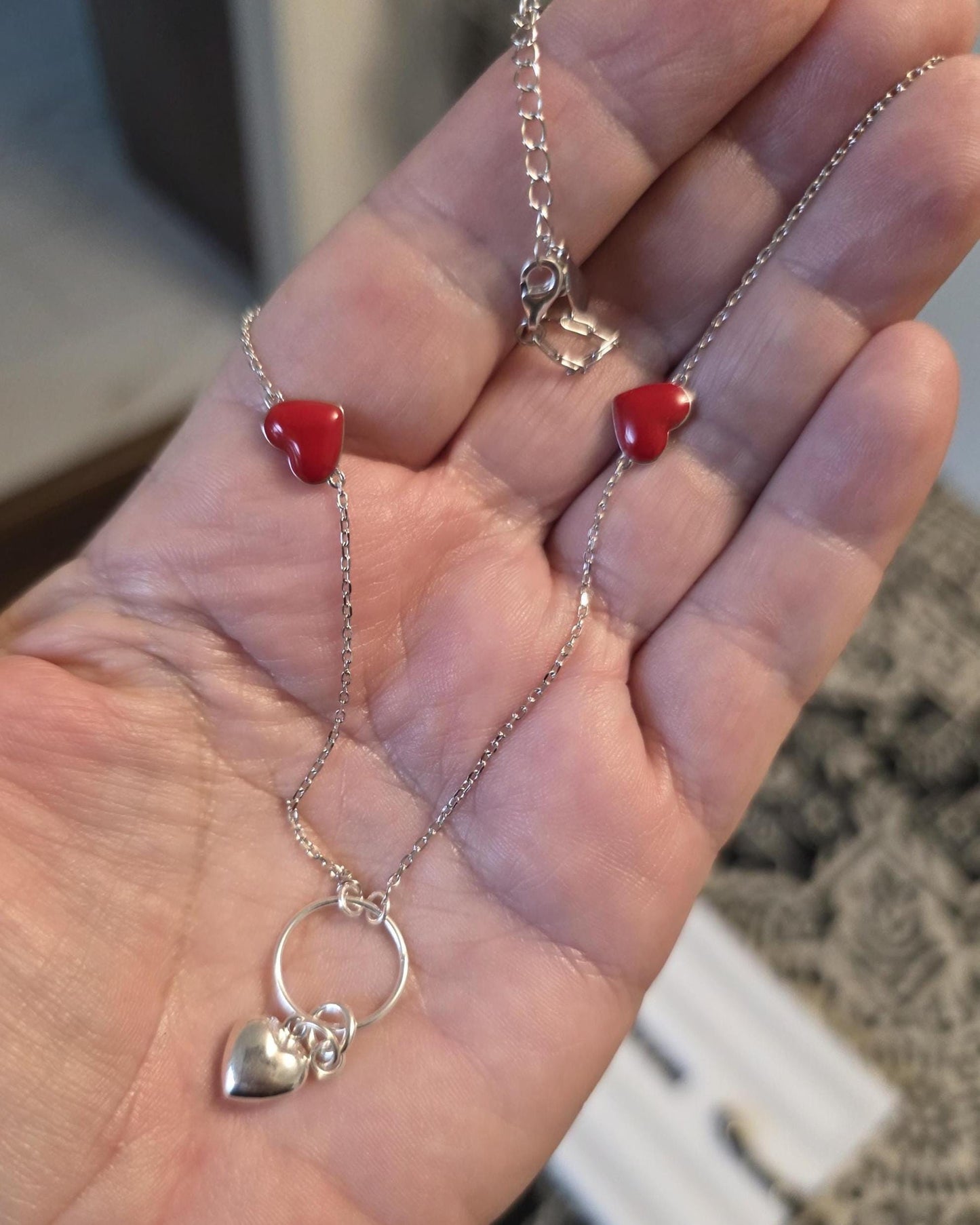 Sterling Silver Day Collar Necklace with Enamel Heart Accents & Heart Pendant, Romantic Partner Jewelry