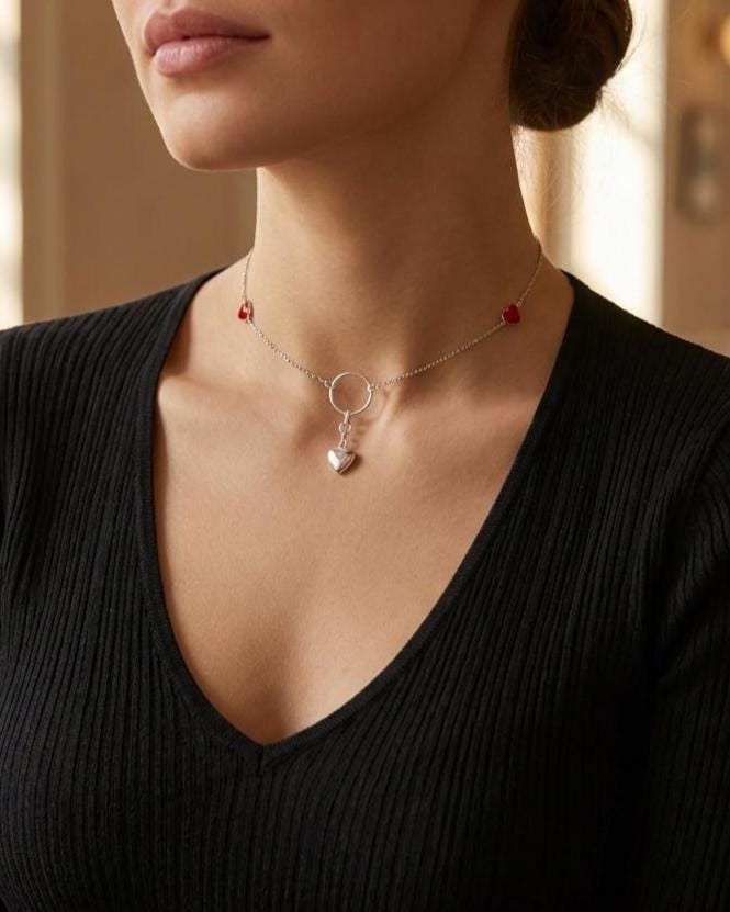 Sterling Silver Day Collar Necklace with Enamel Heart Accents & Heart Pendant, Romantic Partner Jewelry