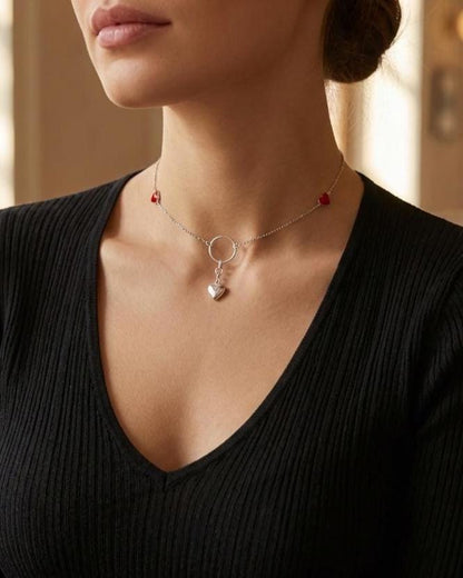 Sterling Silver Day Collar Necklace with Enamel Heart Accents & Heart Pendant, Romantic Partner Jewelry