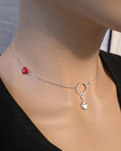 Sterling Silver Day Collar Necklace with Enamel Heart Accents & Heart Pendant, Romantic Partner Jewelry