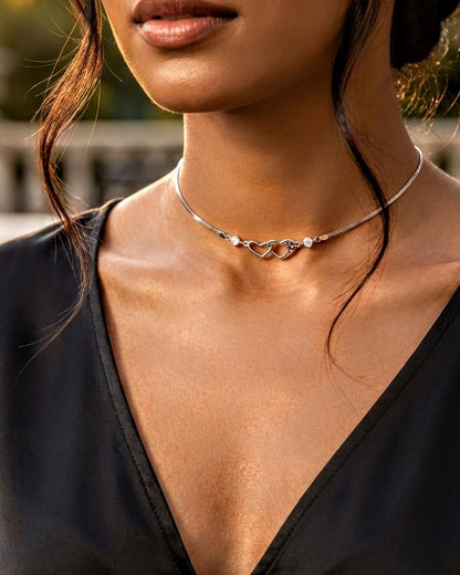 Rhodium Plated Sterling Silver Day Collar Interlocking Hearts Eternity Necklace, Romantic Partner Jewelry
