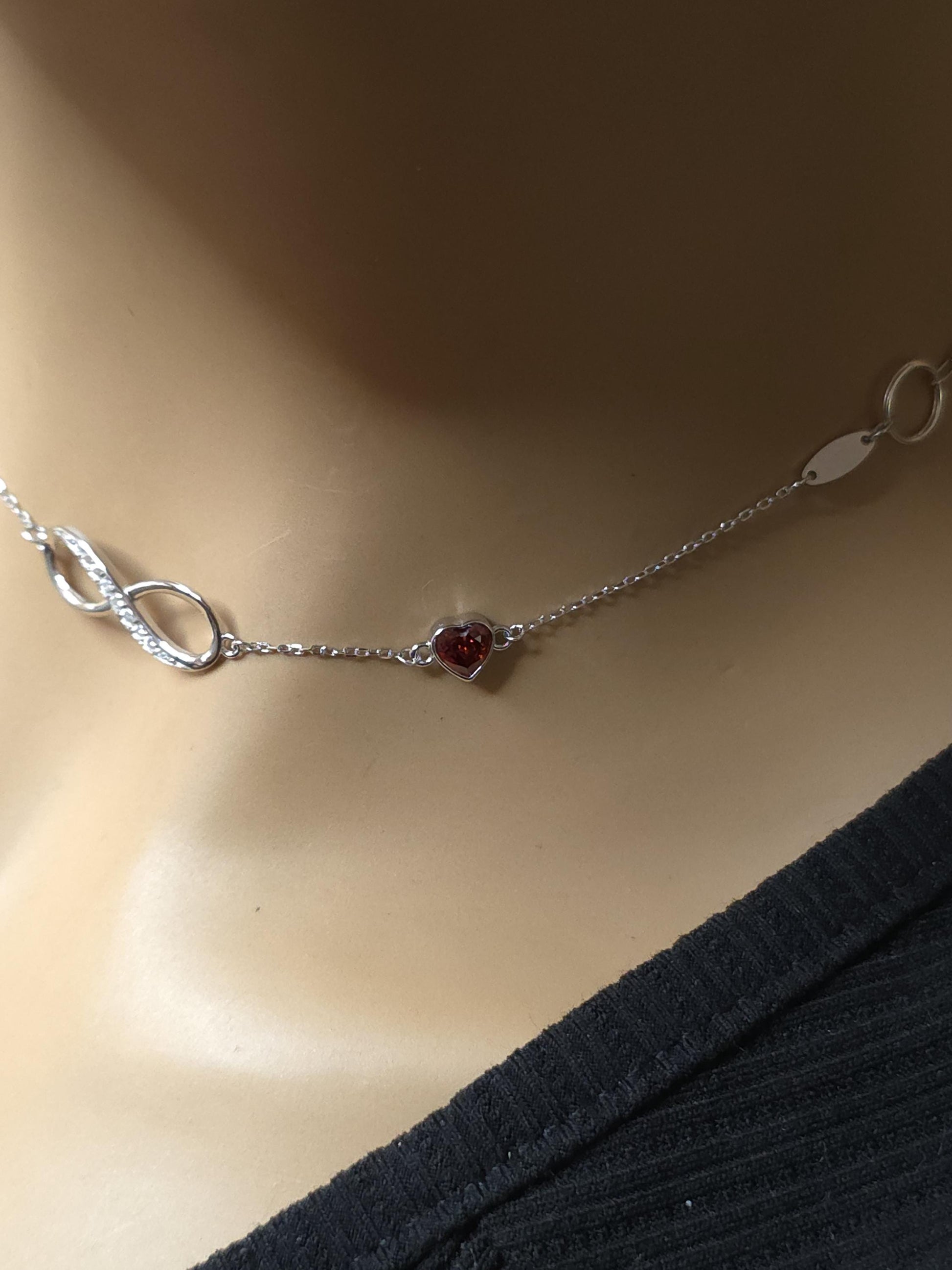 Sterling Silver Eternity Symbol Day Collar Choker Necklace - Cubic Zircon Heart - Locking Option - Partner Jewelry