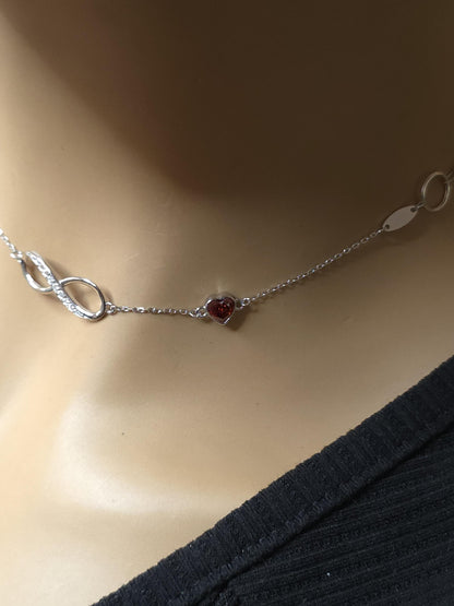 Sterling Silver Eternity Symbol Day Collar Choker Necklace - Cubic Zircon Heart - Locking Option - Partner Jewelry