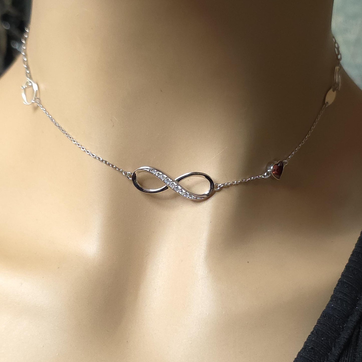 Sterling Silver Eternity Day Collar Choker Necklace - Cubic Zircon Heart - Locking Option - Partner Jewelry