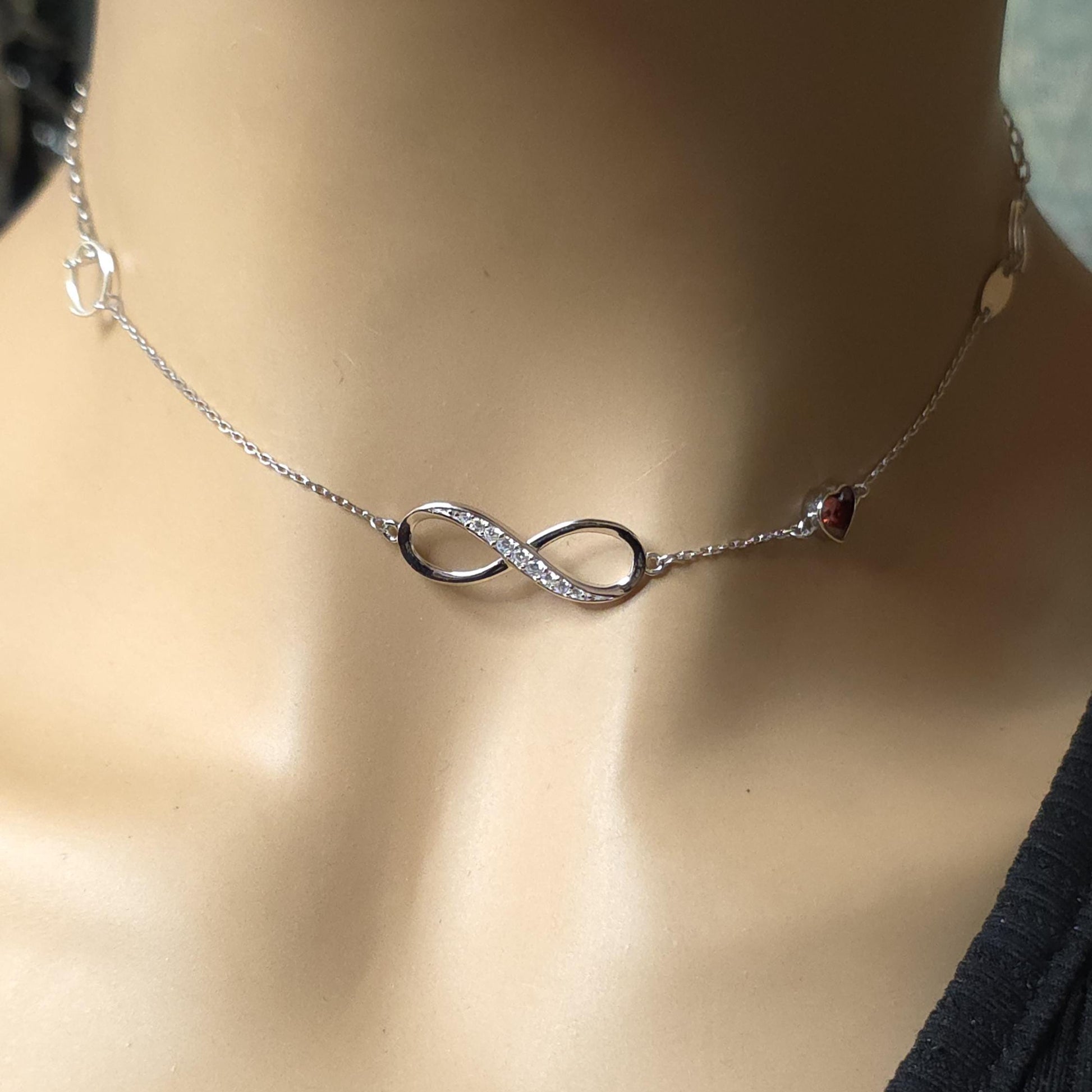 Sterling Silver Eternity Day Collar Choker Necklace - Cubic Zircon Heart - Locking Option - Partner Jewelry