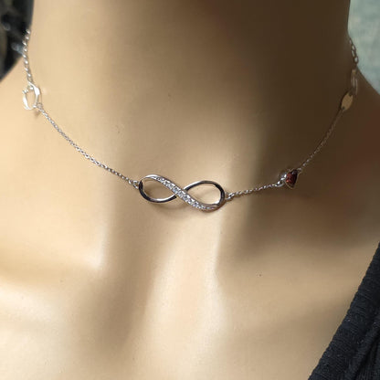 Sterling Silver Eternity Day Collar Choker Necklace - Cubic Zircon Heart - Locking Option - Partner Jewelry