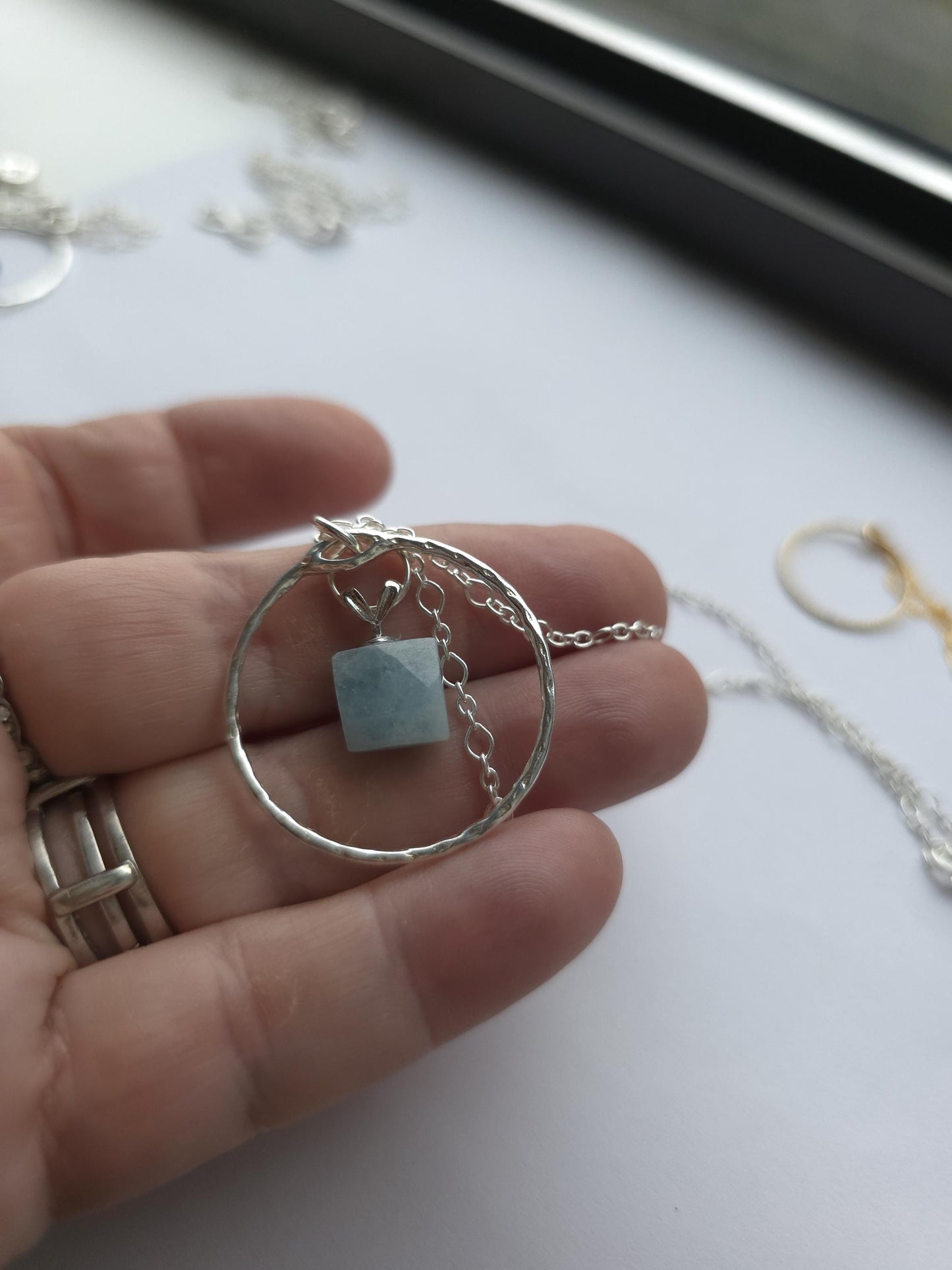 Sterling Silver Day Collar with Aquamarine Choker Necklace - Locking Option - Partner Jewelry