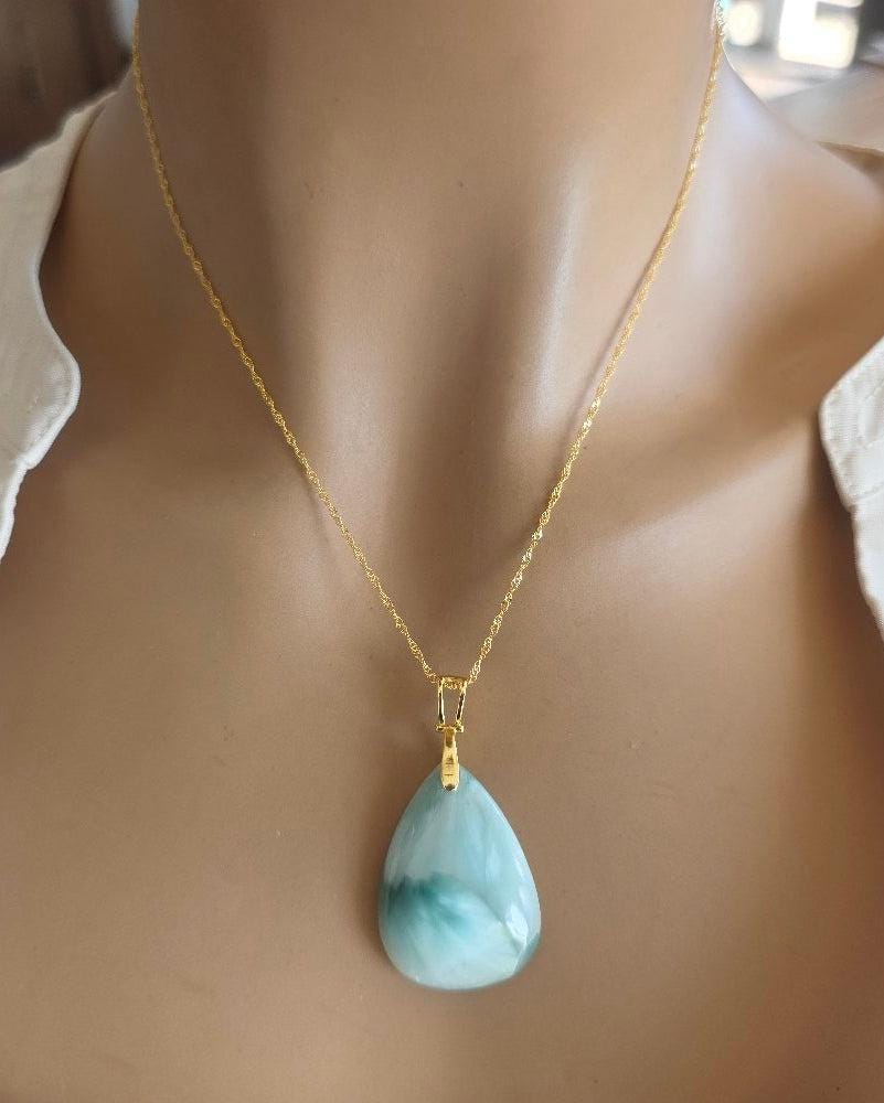 Caribbean Aqua Hemimorphite Teardrop Gold Necklace