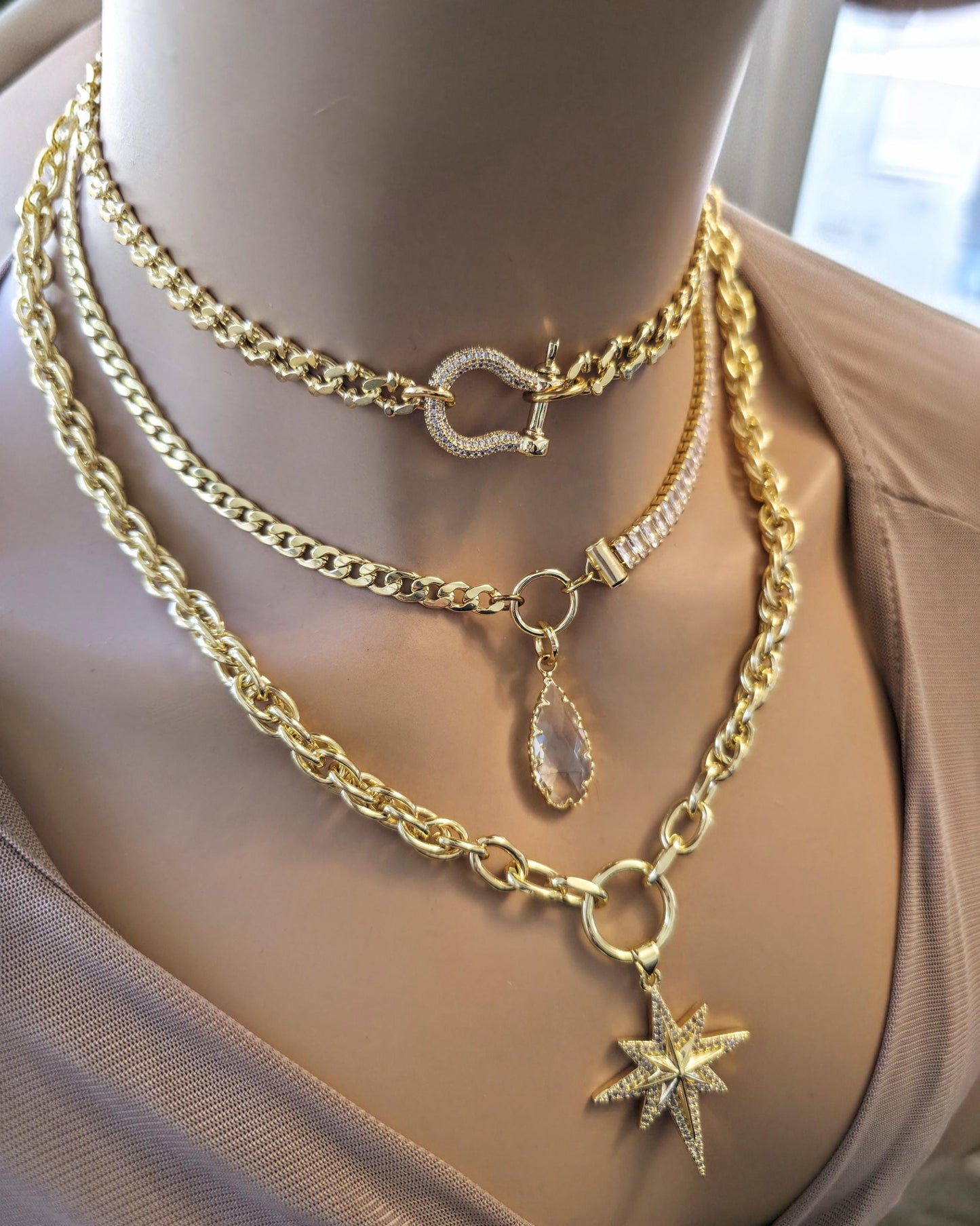 Gold Layered Necklace Set, North Star Pendant Necklace, Maximalist Chain Stack, Crystal Baguette