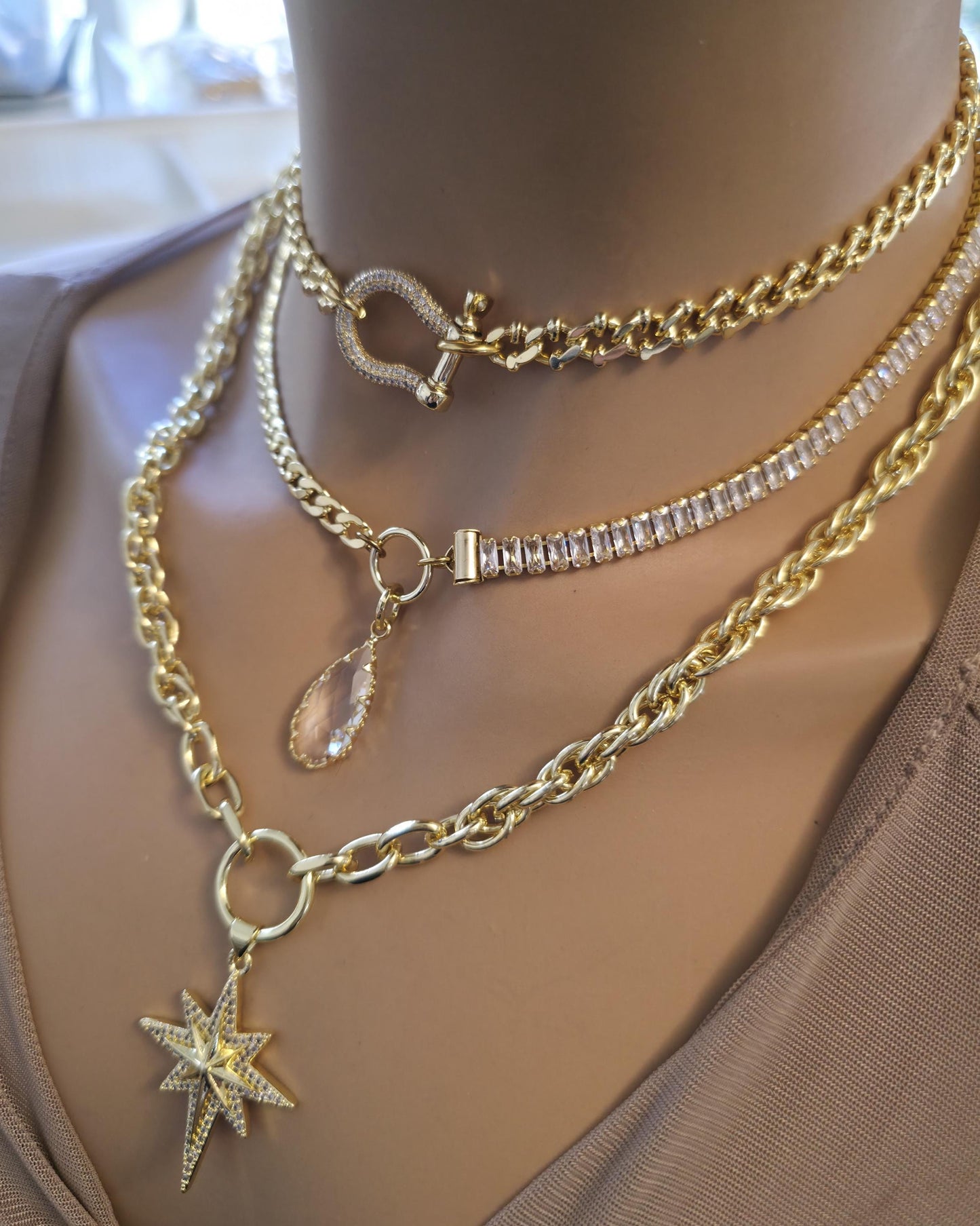 Gold Layered Necklace Set, North Star Pendant Necklace, Maximalist Chain Stack, Crystal Baguette